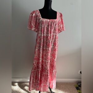 Ophelia & Indigo Women’s Floral Pink White Relaxed Fit  Midi Dress L